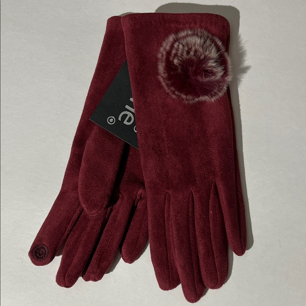 Sara Jane Rabbit Fur Trim Detail Burgundy Winter Gloves Women NEW